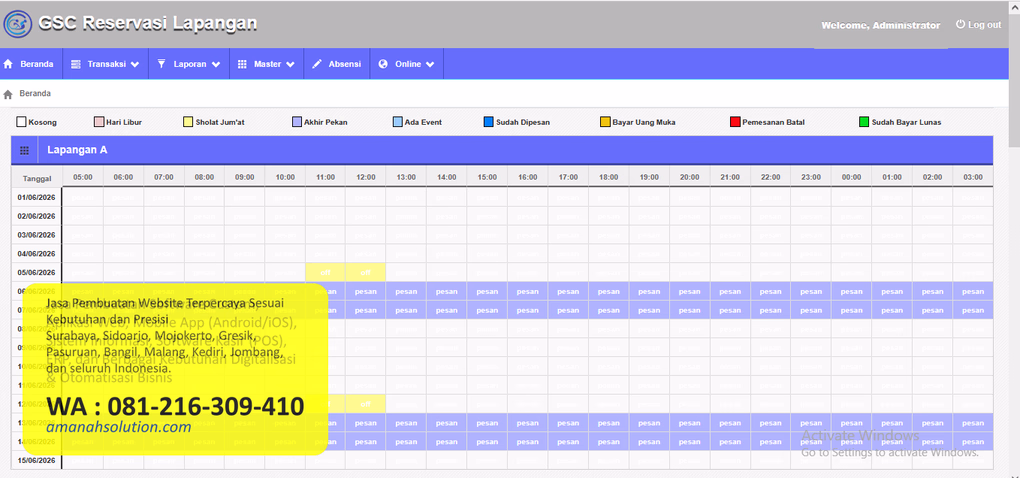 Dashboard software manajemen lapangan futsal modern