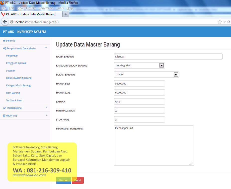Interface entry data transaksi barang masuk pada software manajemen gudang