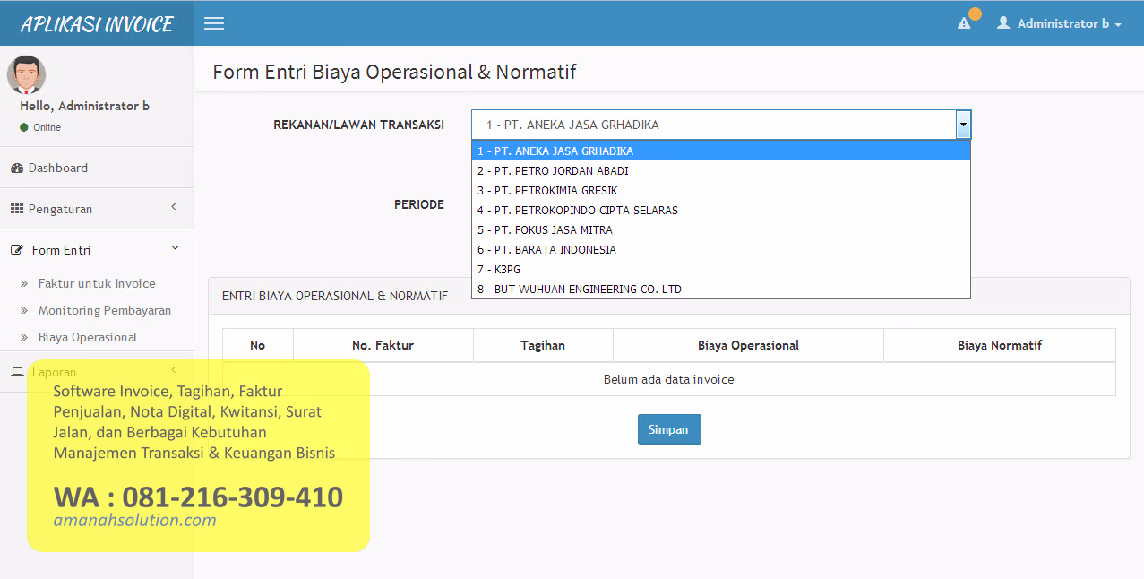Dashboard data dan analitik dari software invoice custom