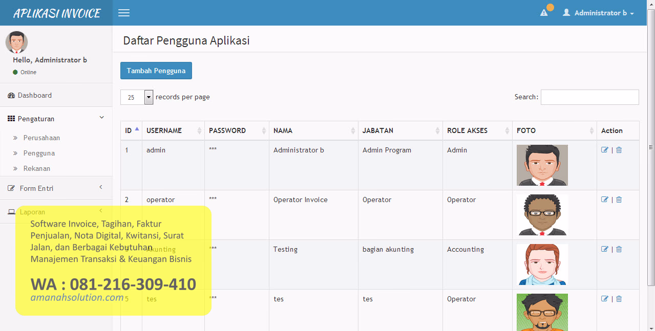 Fitur role akses pada software invoice custom untuk keamanan data