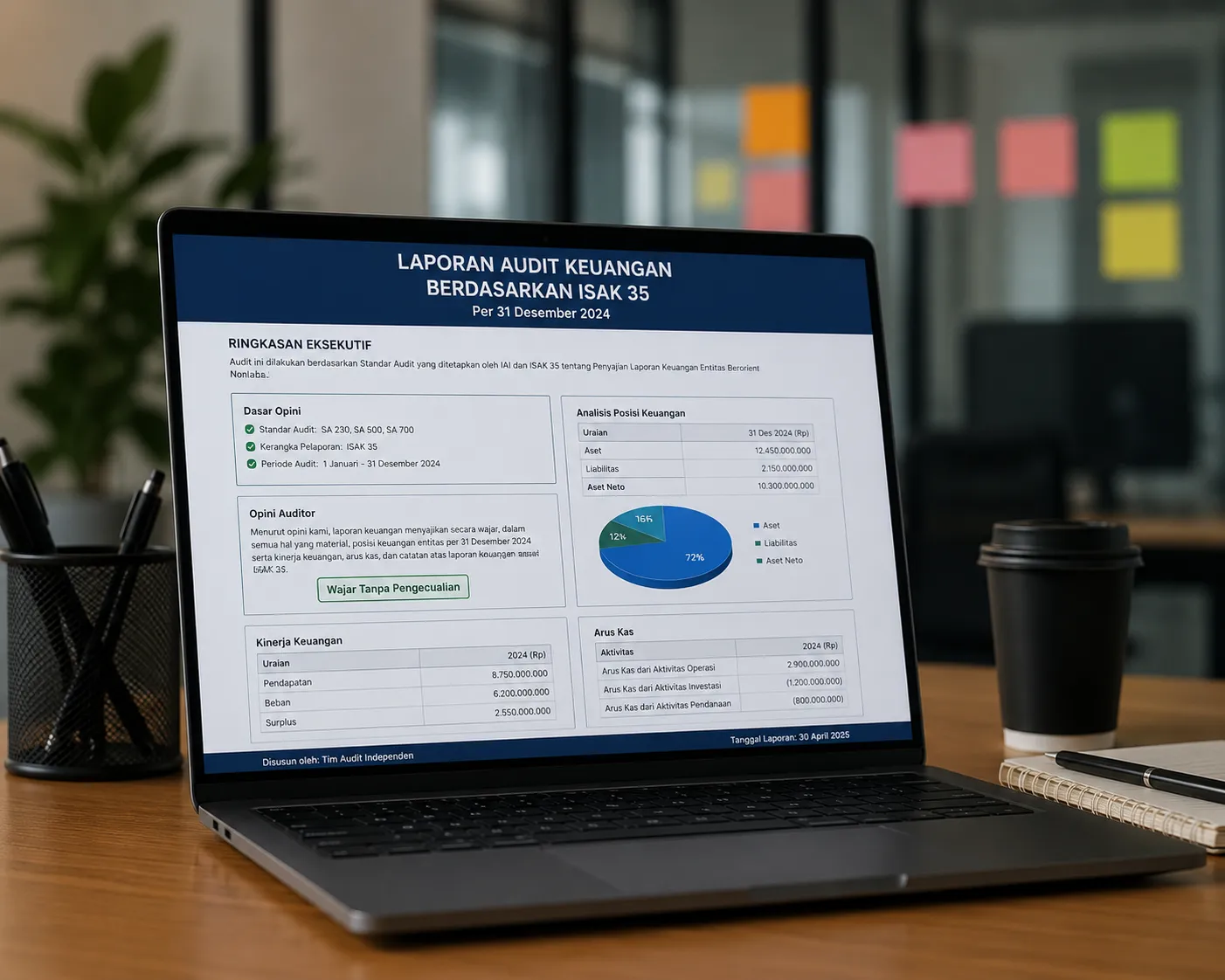 Visualisasi Laptop menampilkan Laporan Audit Keuangan ISAK 35
