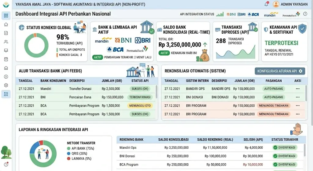 Layar Dashboard Integrasi API Perbankan Nasional di Software Yayasan