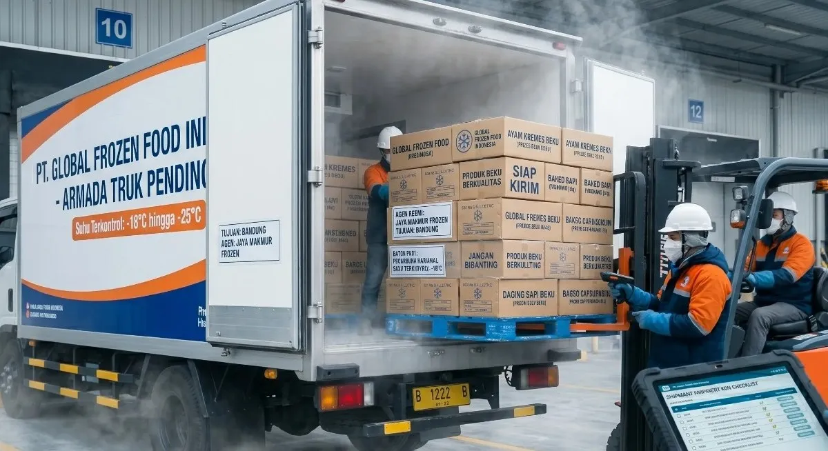 proses loading frozen food ke kontainer reefer distribusi luar pulau makanan beku
