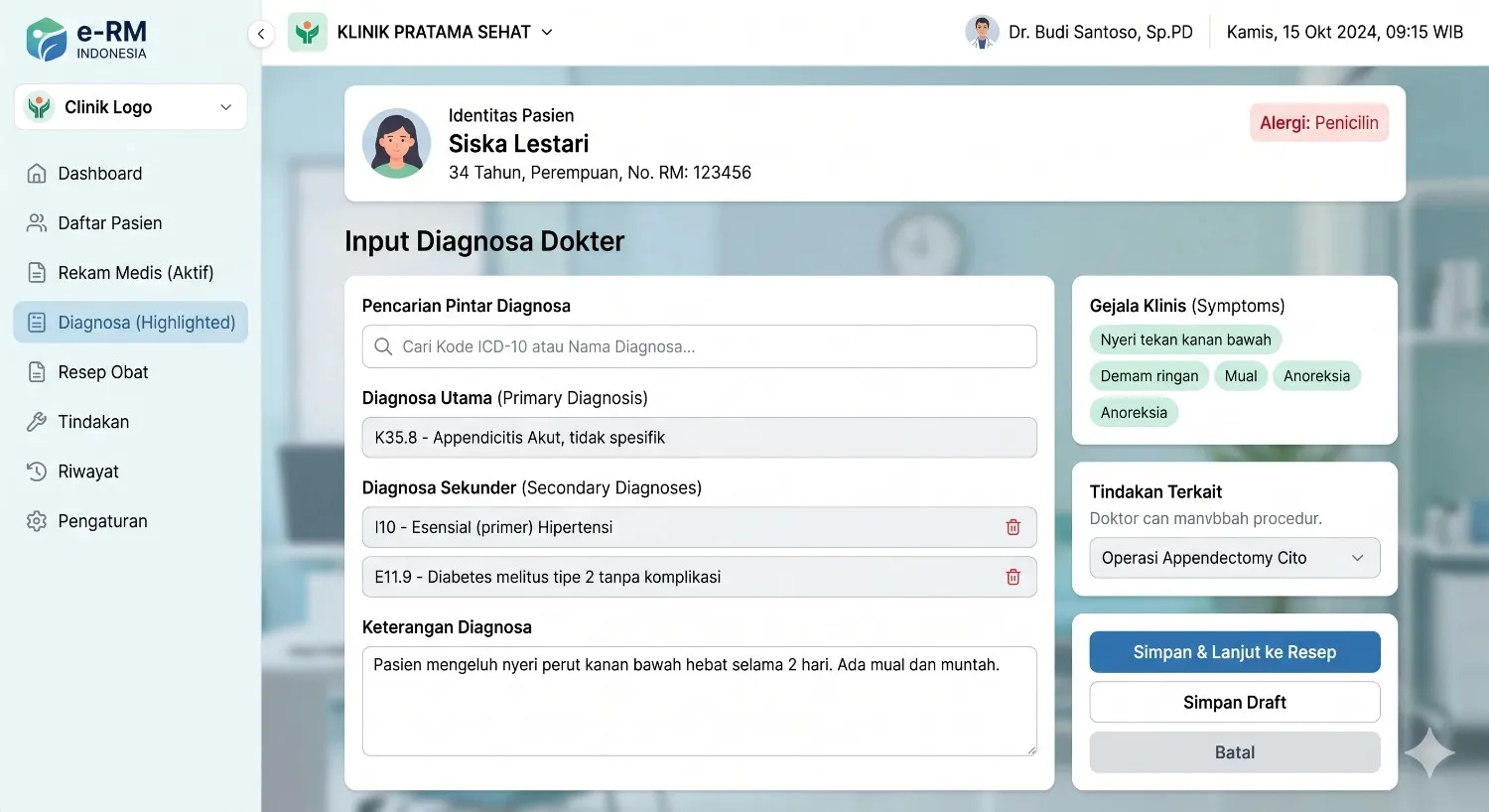 Tampilan Antarmuka Rekam Medis Elektronik (RME) Untuk Input Diagnosa Dokter
