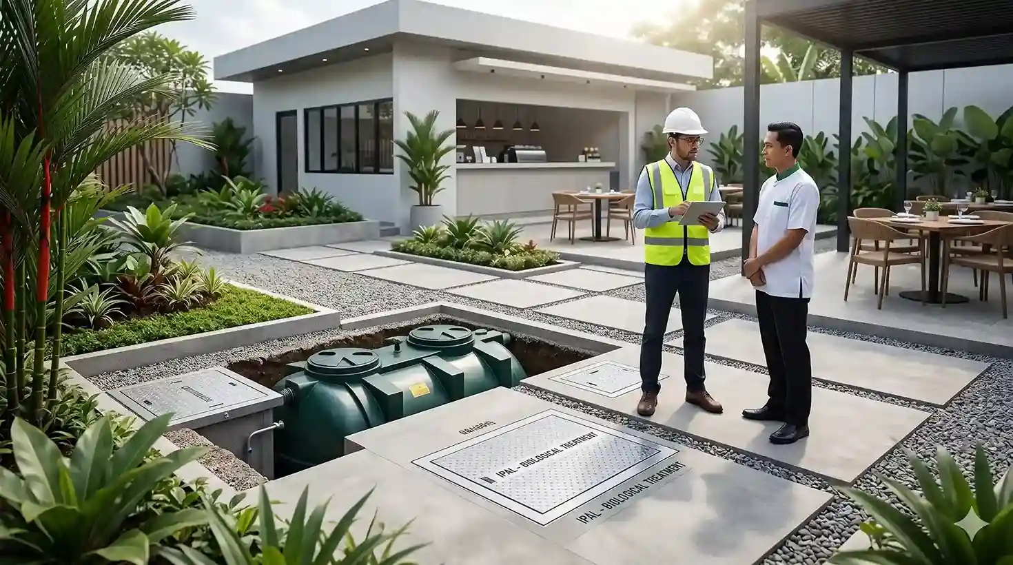 Unit sistem IPAL biologis tertutup anti bau dipasang rapi di area halaman belakang dapur rumah makan komersial