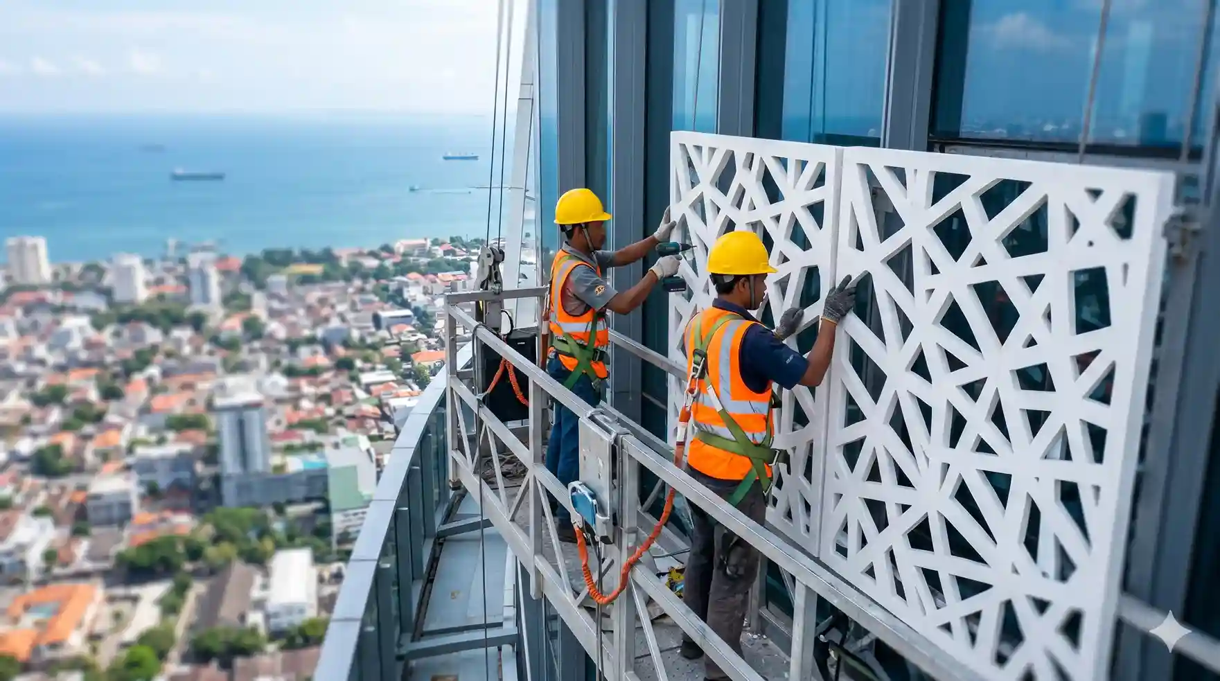 Tim teknisi Amanah Solution mengeksekusi pemasangan panel fasad GRC pada gedung perhotelan bertingkat tinggi menggunakan prosedur keselamatan kerja
