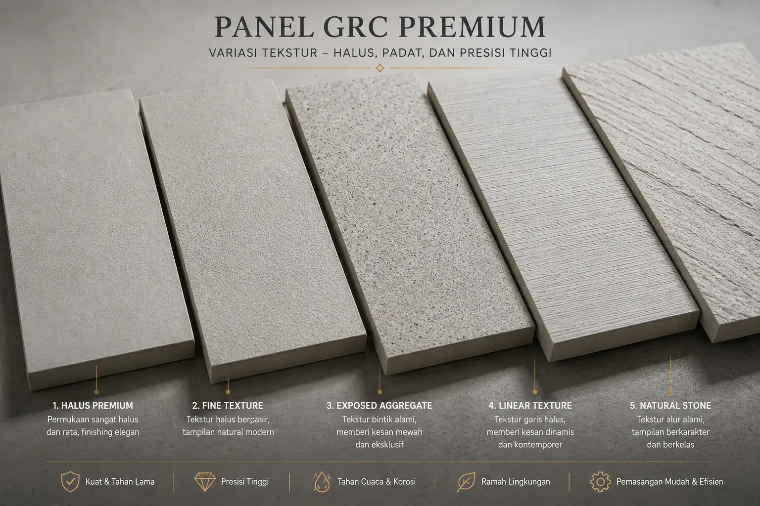 Foto close-up tekstur permukaan panel GRC premium yang halus, padat, dan presisi tinggi