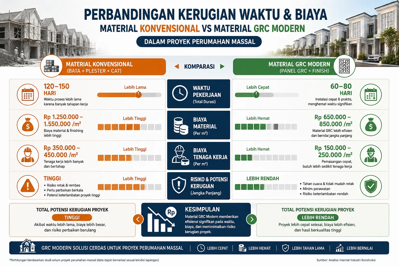 Grafik infografis perbandingan kerugian waktu dan biaya antara material konvensional vs material GRC modern dalam proyek perumahan massal