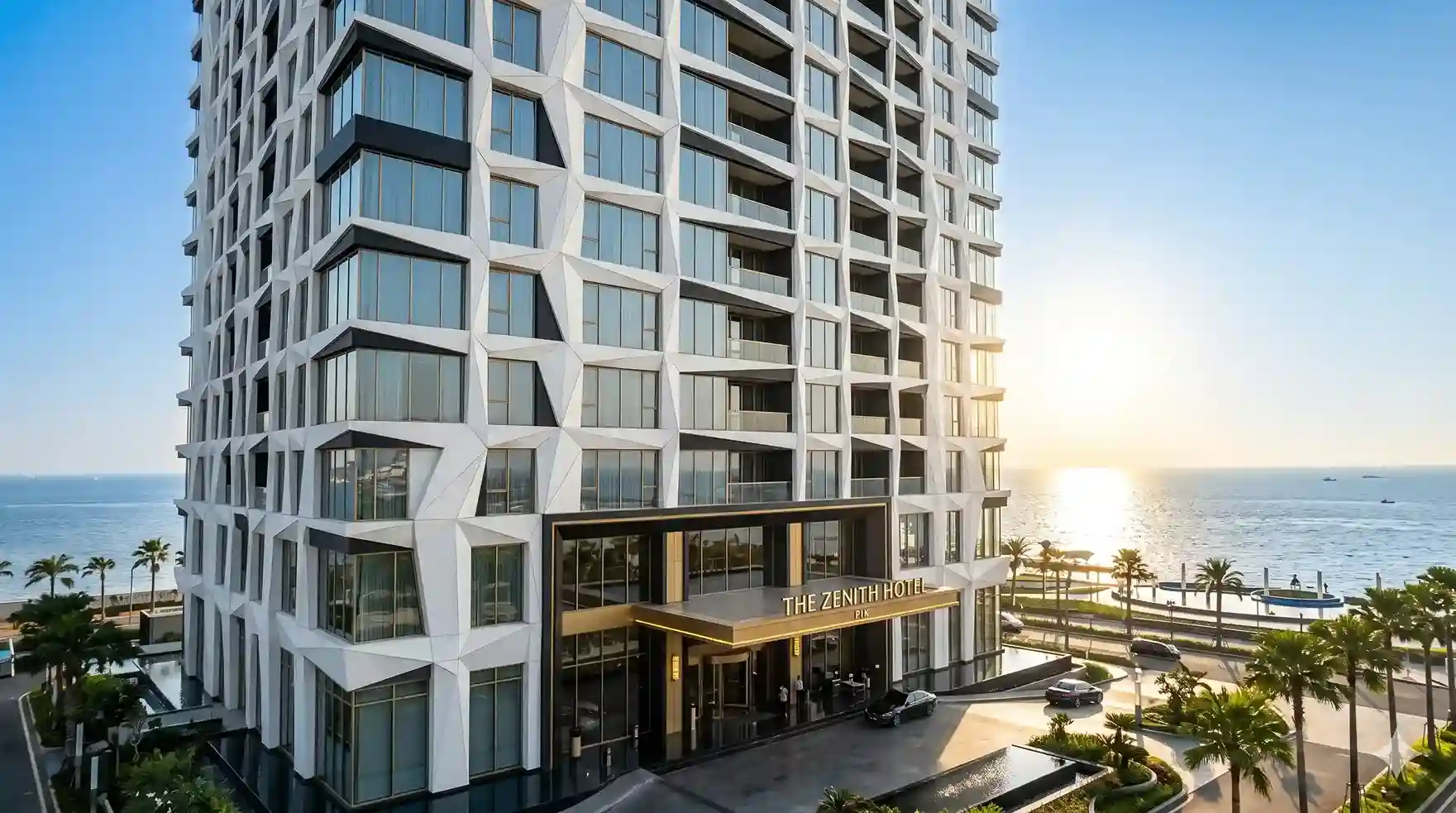 Estetika desain fasad GRC minimalis modern yang menawan pada eksterior bangunan hotel mewah bintang lima di kawasan pesisir PIK 2